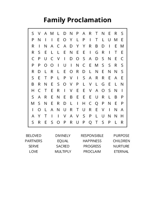 Family Proclamation Word Search Puzzle