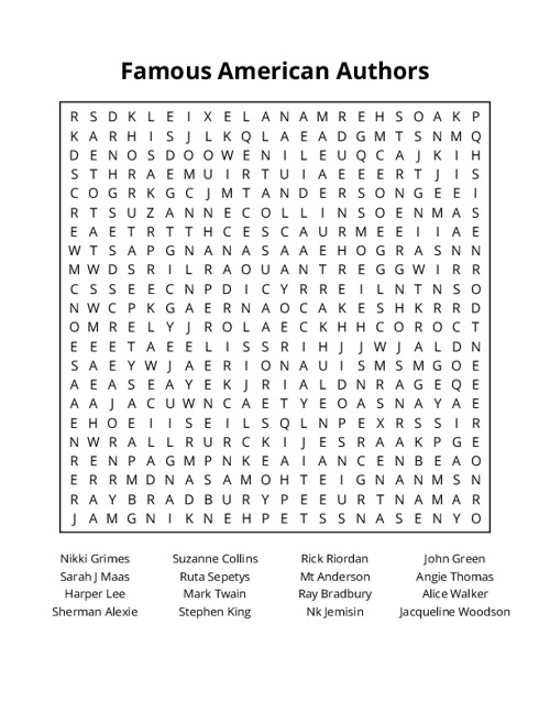 Famous American Authors Word Search Puzzle
