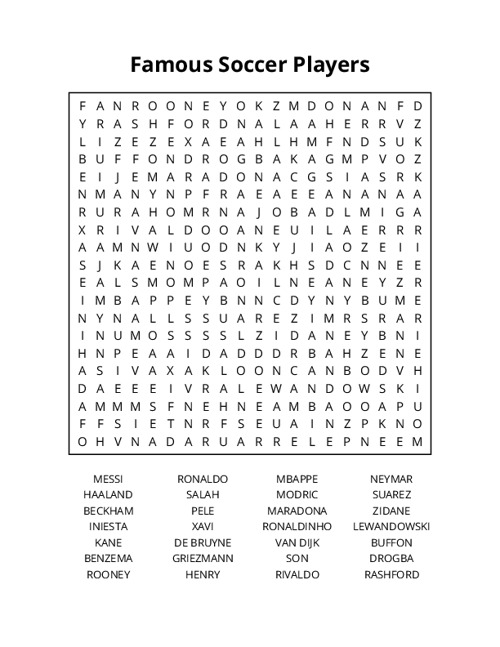 Famous Soccer Players Word Search Puzzle