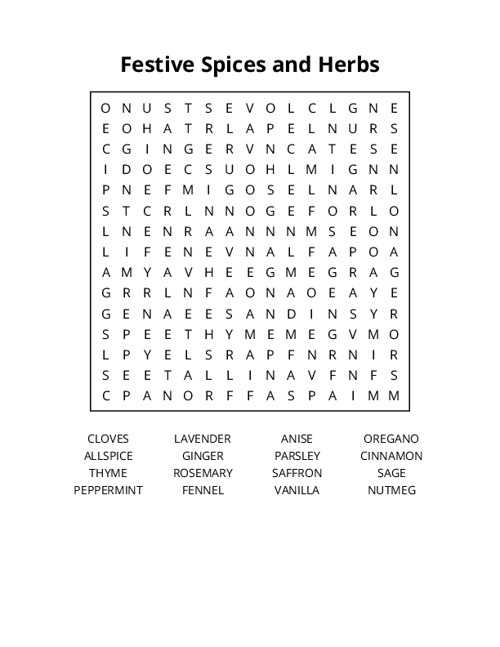 Festive Spices and Herbs Word Search Puzzle