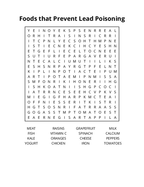 Foods that Prevent Lead Poisoning Word Search Puzzle
