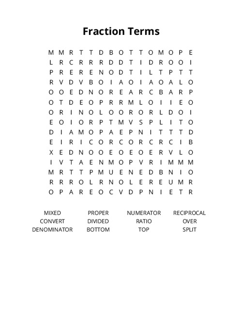 Fraction Terms Word Search Puzzle