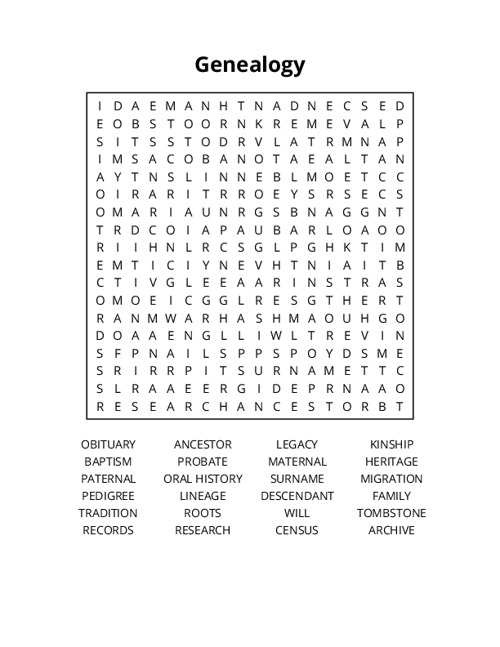 Genealogy Word Search Puzzle