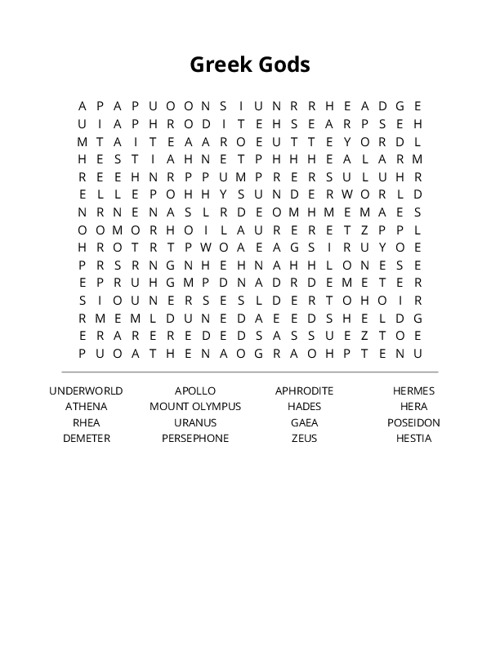 Greek Gods Word Search Puzzle