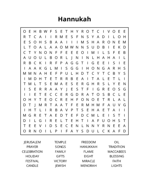 Hannukah Word Search Puzzle