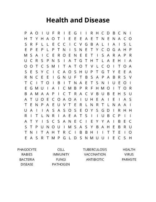 Health and Disease Word Search Puzzle
