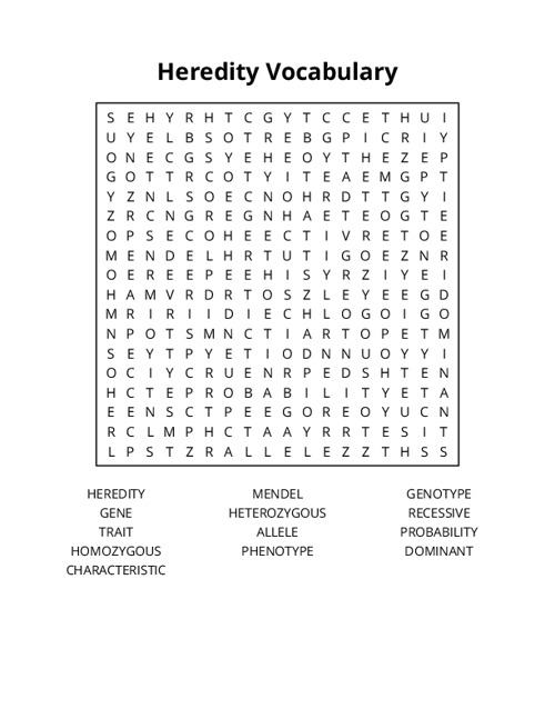 Heredity Vocabulary Word Search Puzzle