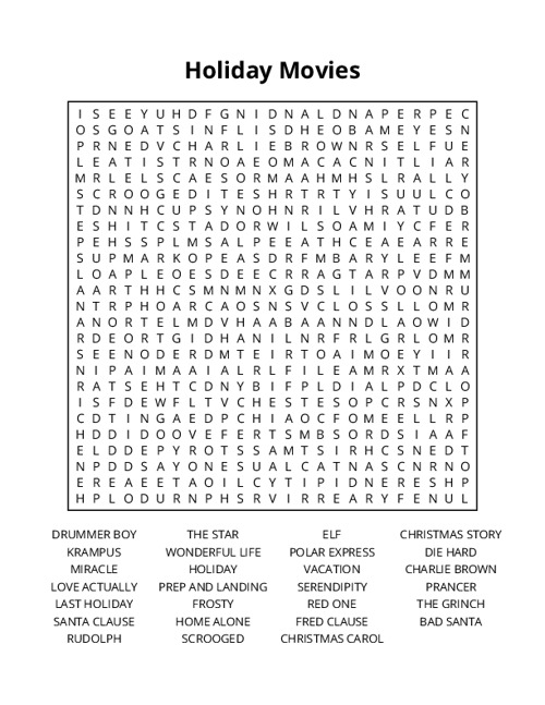 Holiday Movies Word Search Puzzle