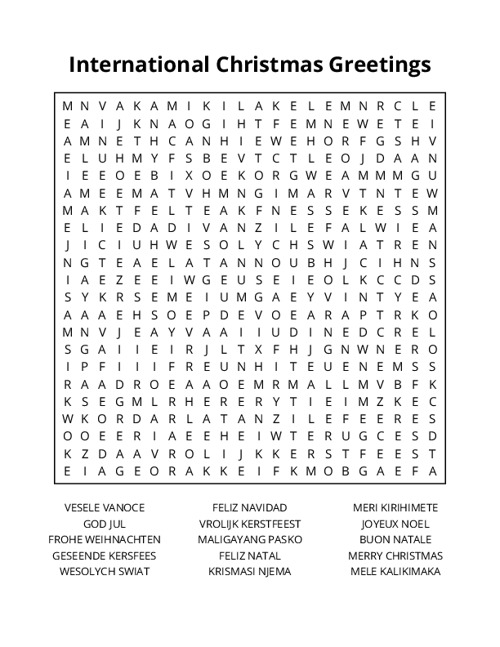 International Christmas Greetings Word Search Puzzle