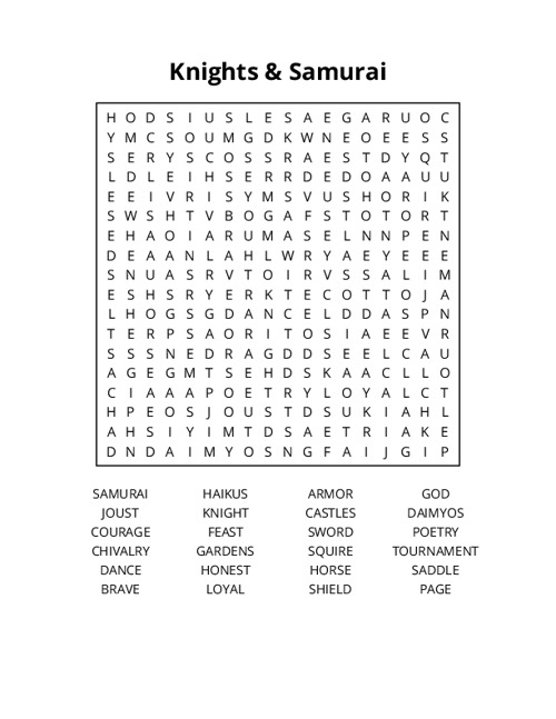 Knights & Samurai Word Search Puzzle