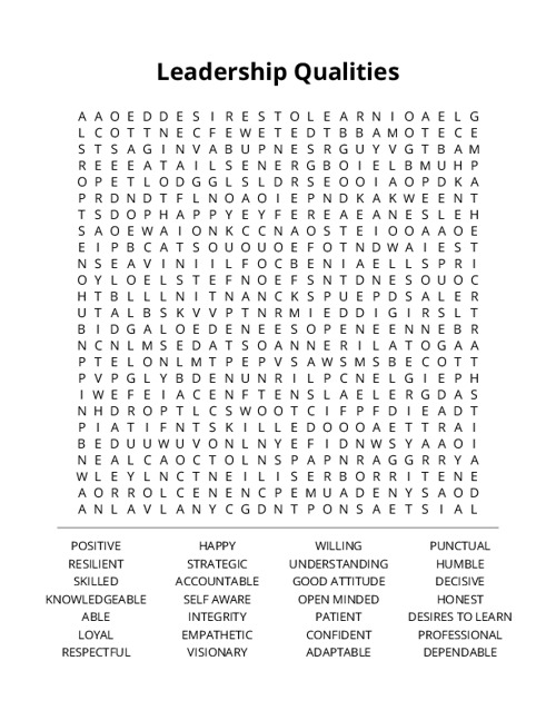 Leadership Qualities Word Search Puzzle