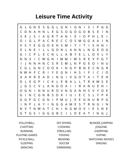 Leisure Time Activity Word Search Puzzle