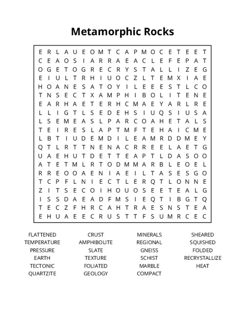 Metamorphic Rocks Word Search Puzzle