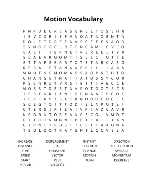 Motion Vocabulary Word Search Puzzle