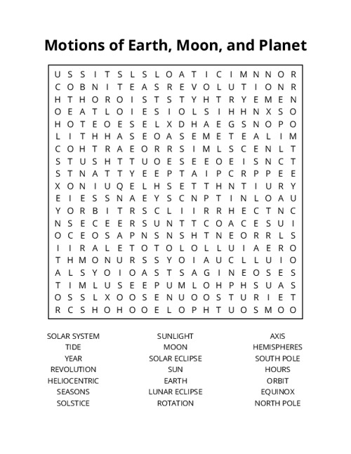 Motions of Earth, Moon, and Planet Word Search Puzzle