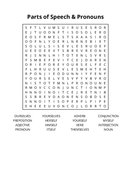 Parts of Speech & Pronouns Word Search Puzzle