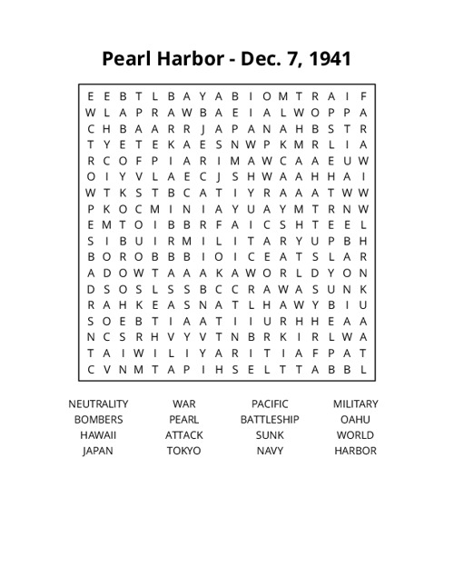 Pearl Harbor - Dec. 7, 1941 Word Search Puzzle
