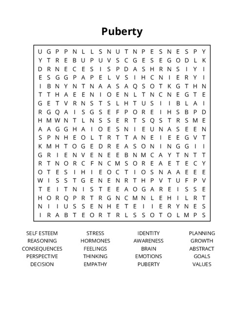 Puberty Word Search Puzzle