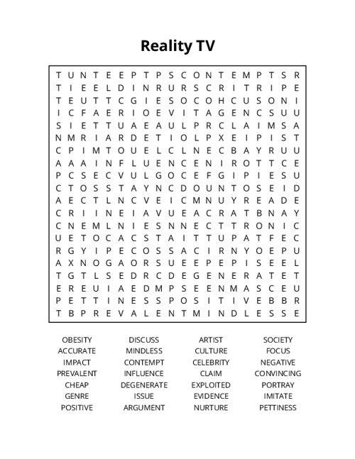 Reality TV Word Search Puzzle