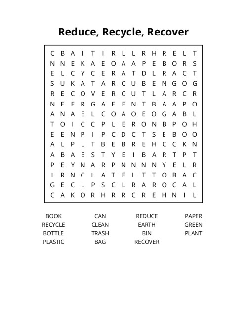 Reduce, Recycle, Recover Word Search Puzzle