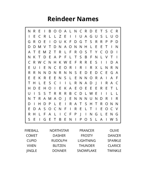 Reindeer Names Word Search Puzzle