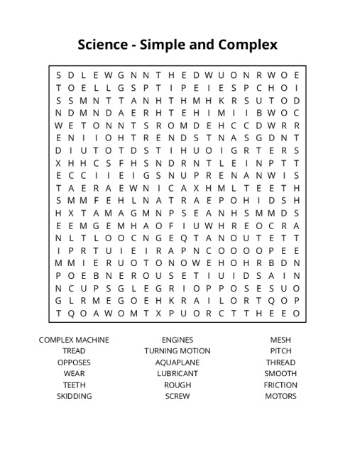 Science - Simple and Complex Machines Word Search Puzzle