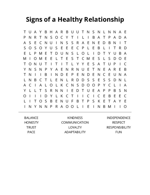 Signs of a Healthy Relationship Word Search Puzzle