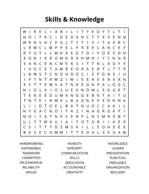 Skills & Knowledge Word Search Puzzle