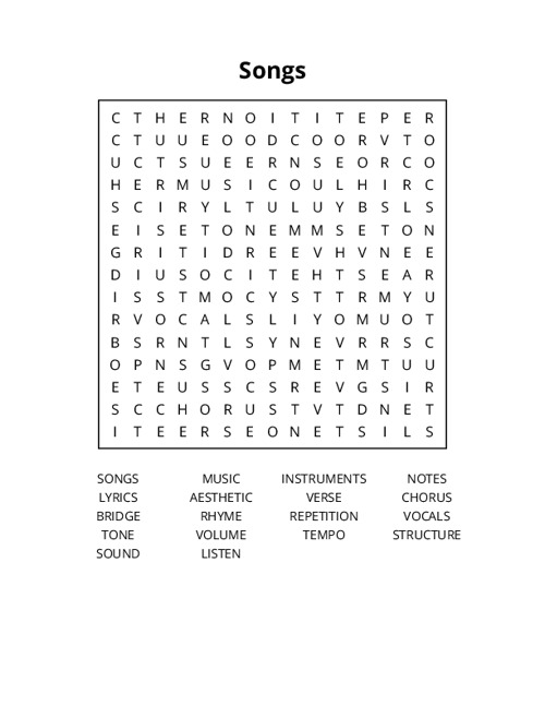 Songs Word Search Puzzle