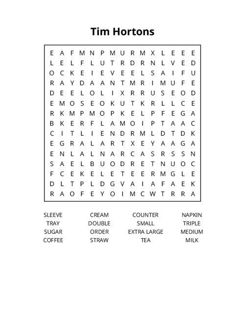 Tim Hortons Word Search Puzzle