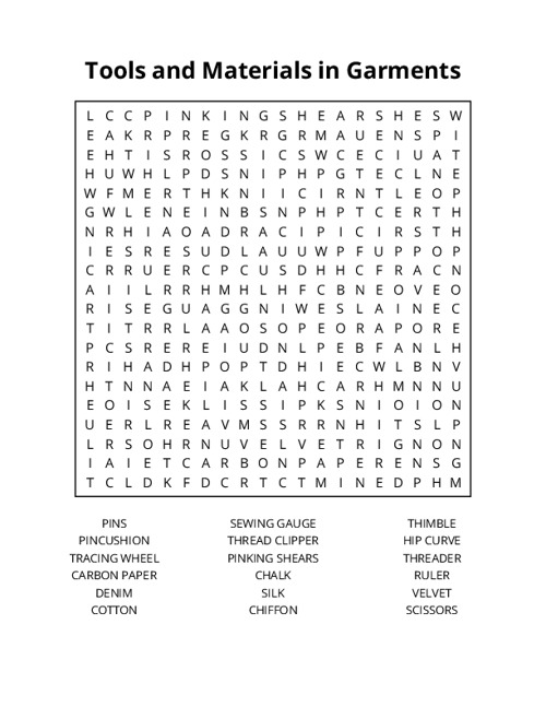 Tools and Materials in Garments Word Search Puzzle