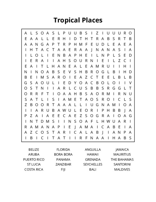 Tropical Places Word Search Puzzle