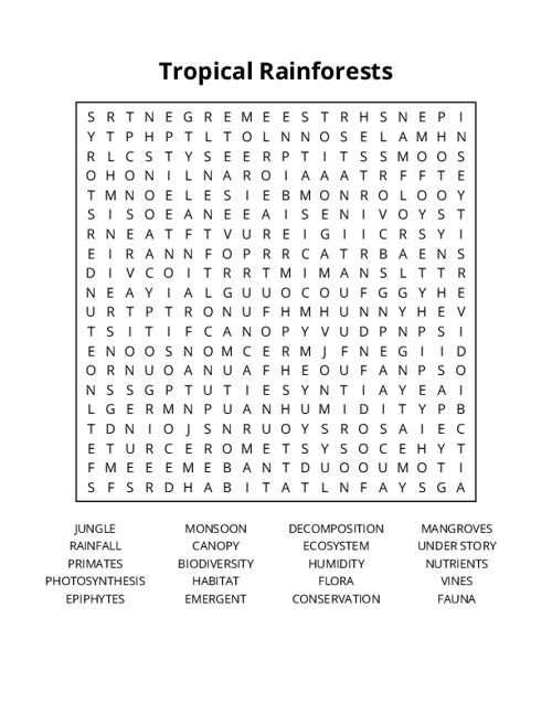 Tropical Rainforests Word Search Puzzle