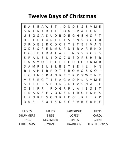 Twelve Days of Christmas Word Search Puzzle