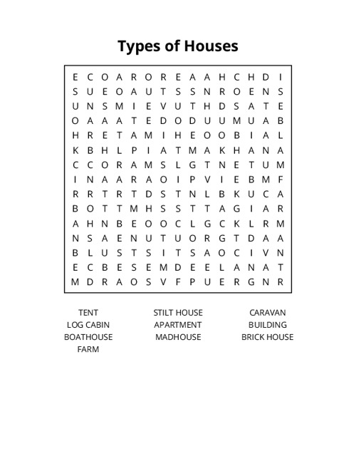Types of Houses Word Search Puzzle