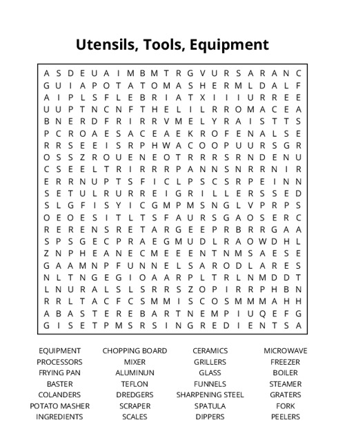 Utensils, Tools, Equipment Word Search Puzzle