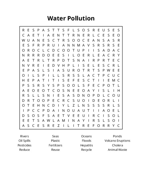 Water Pollution Word Search Puzzle