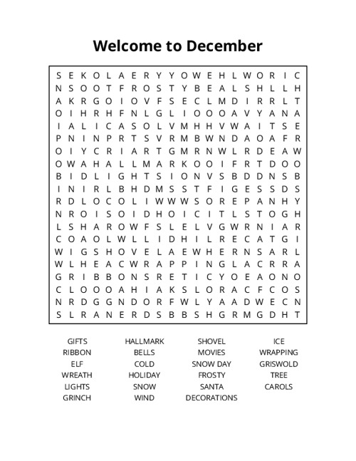 Welcome to December Word Search Puzzle