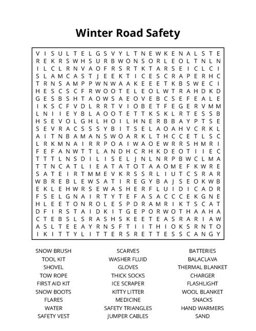 Winter Road Safety Word Search Puzzle