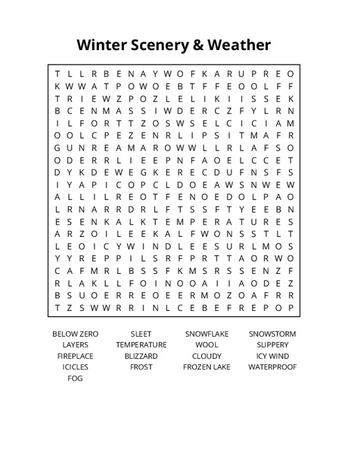 Winter Scenery & Weather Word Search Puzzle
