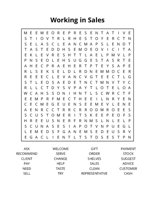 Working in Sales Word Search Puzzle