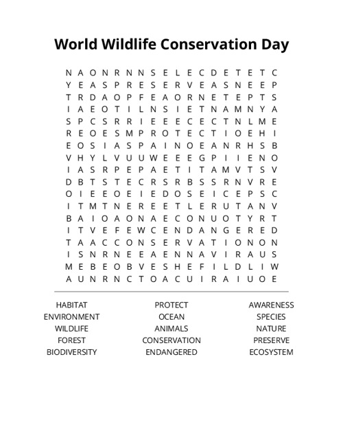 World Wildlife Conservation Day Word Search Puzzle