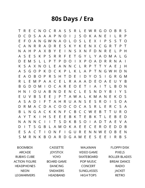 80s Days / Era Word Search Puzzle