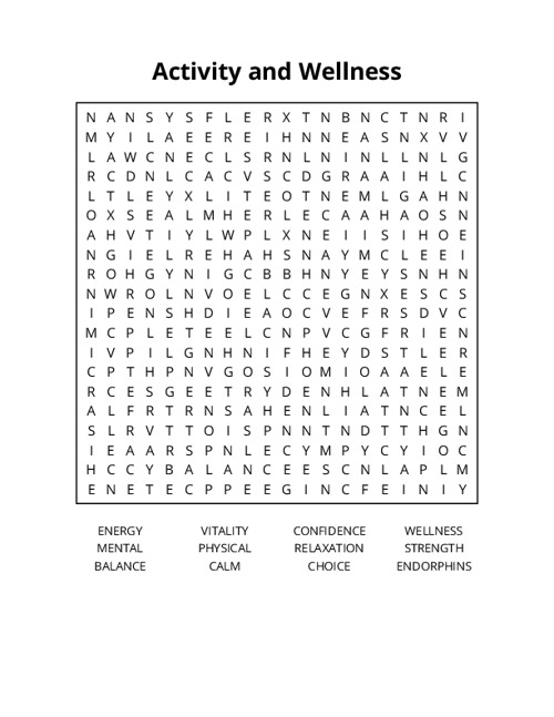 Activity and Wellness Word Search Puzzle