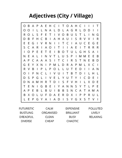 Adjectives (City / Village) Word Search Puzzle