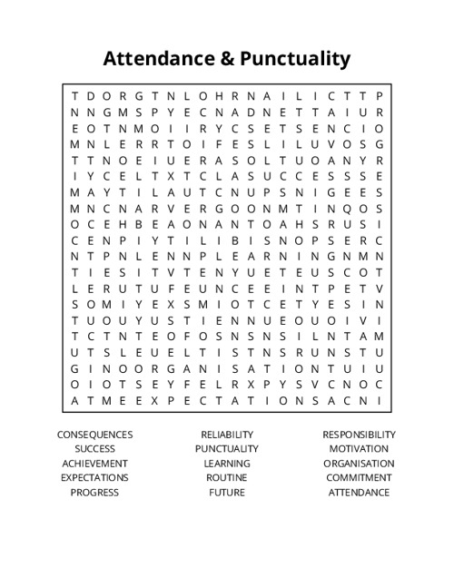 Attendance & Punctuality Word Search Puzzle