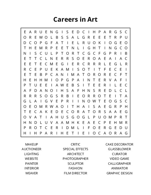 Careers in Art Word Search Puzzle