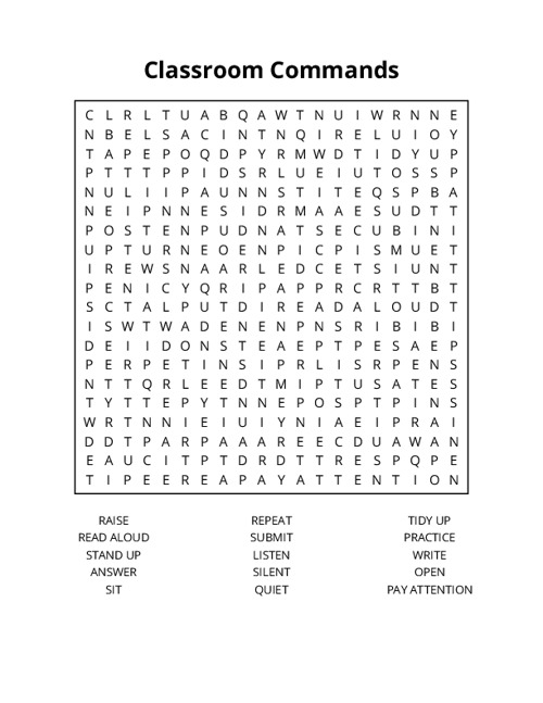 Classroom Commands Word Search Puzzle