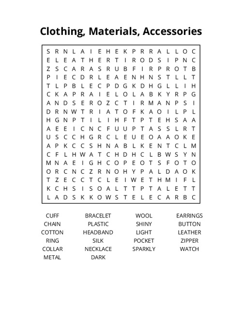 Clothing, Materials, Accessories Word Search Puzzle