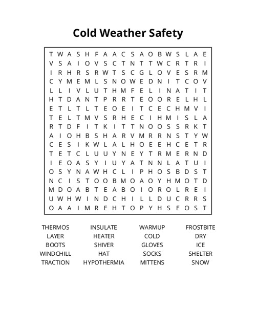 Cold Weather Safety Word Search Puzzle